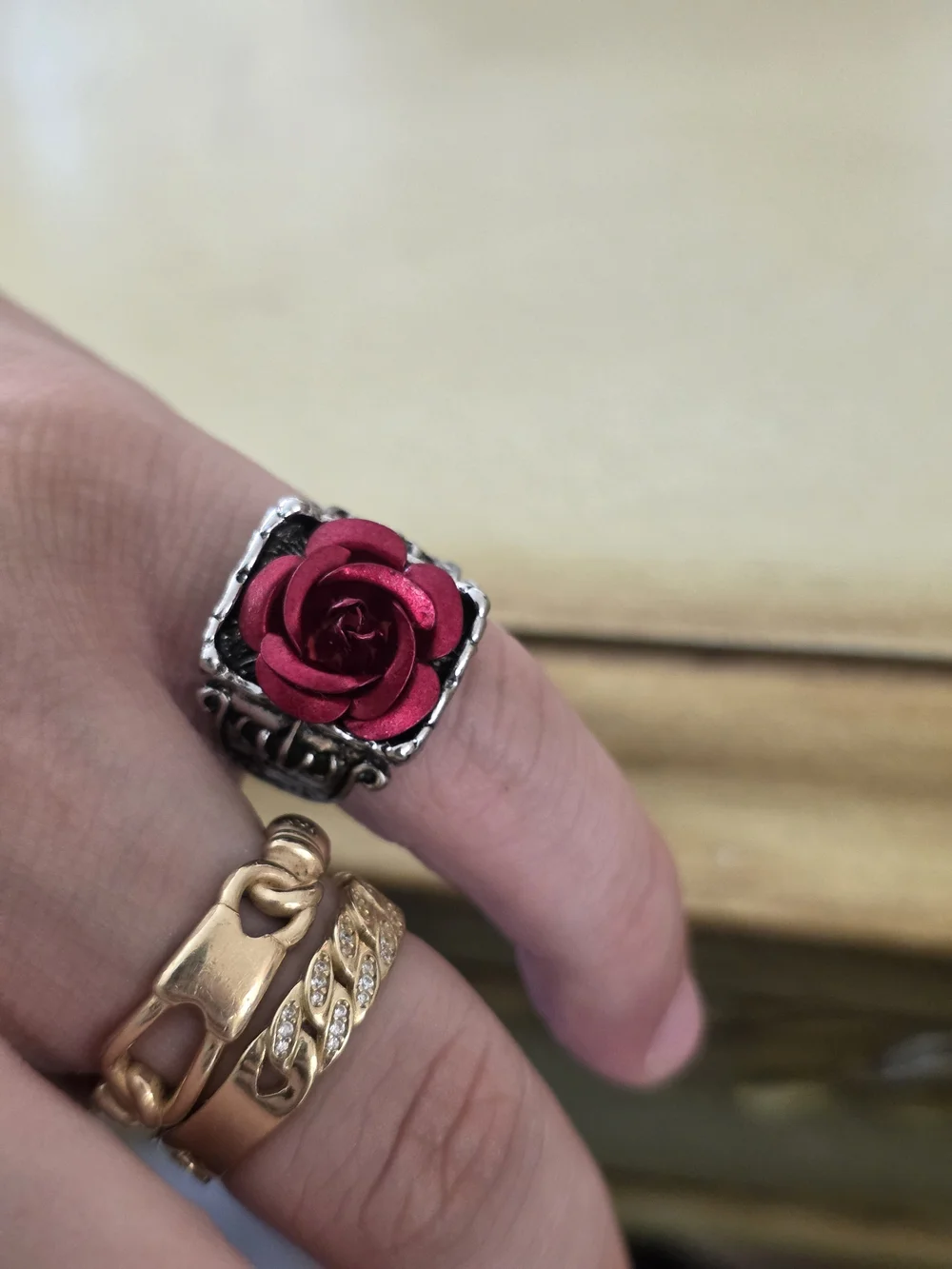 Silver Ring with Red Rose Accent